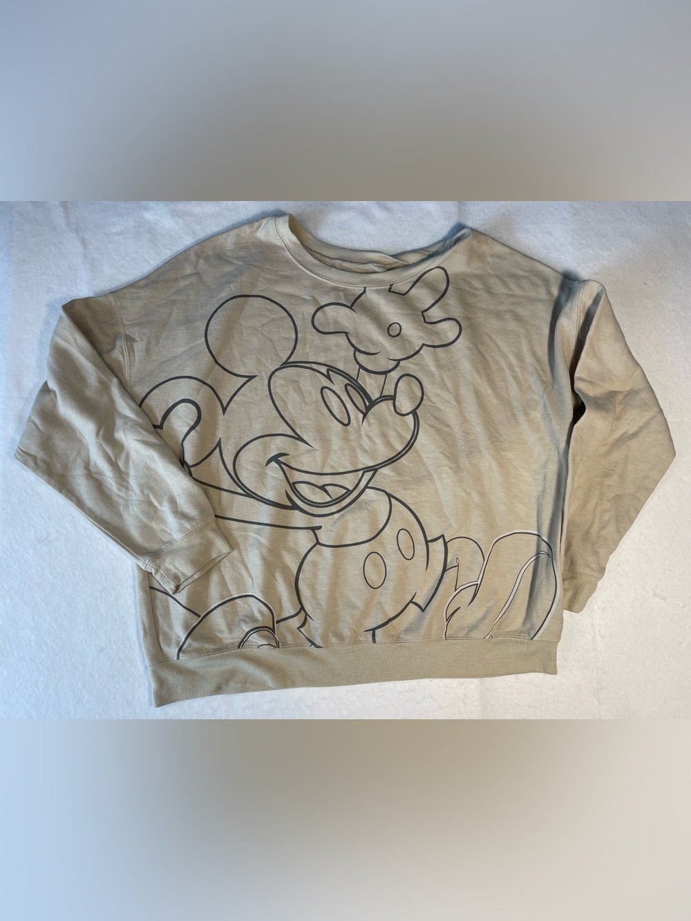 Disney Mickey Mouse Oversized Graphic Sweatshirt XL Beige Neutral Cozy Pullover